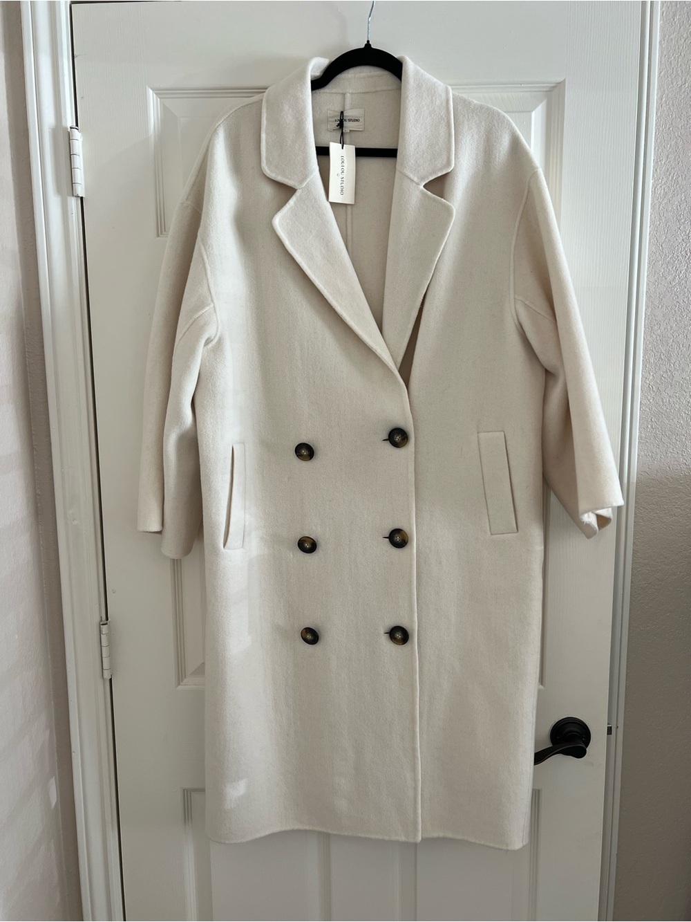 Loulou Studio Cream Wool Coat with Black Accent